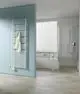 Kermi-Heizkörper, vertikal montiert, mit Längsrippen, an blauer Wand. Im Hintergrund Badewanne und Dusche mit einer hellen Holzfußbodenfläche.
